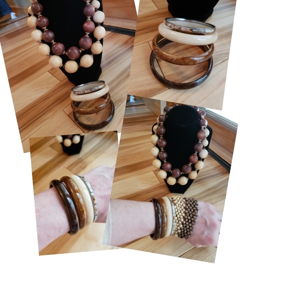 Boho Artisan Wooden Jewelry Set 2Necklaces 2 Bracelets Ivory Browns +4 Gifts New - Picture 7 of 10